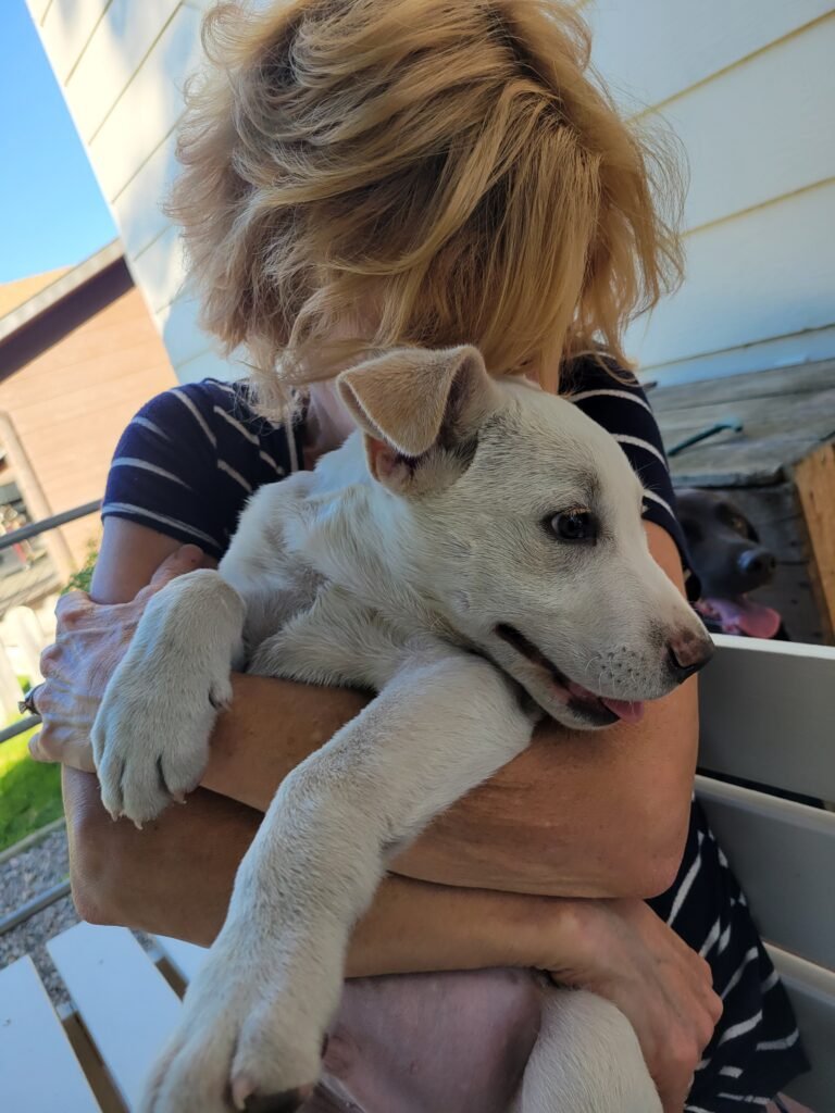 Virginia Power cuddles a big white puppy.